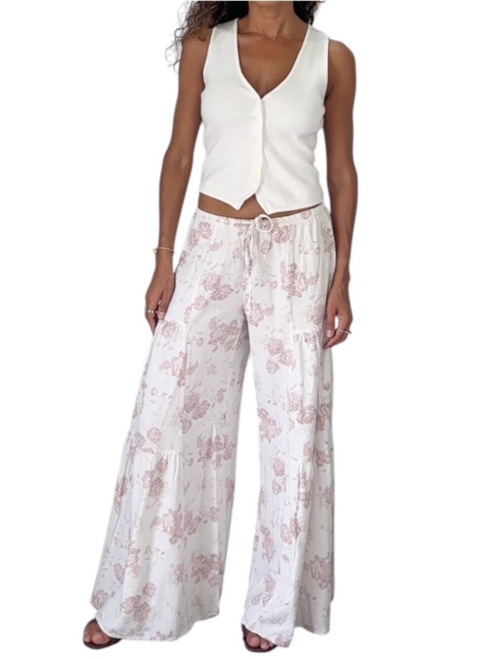 Rewash Off White Lavender Floral Wide Leg Pants Drawstring Linen Blend Size S